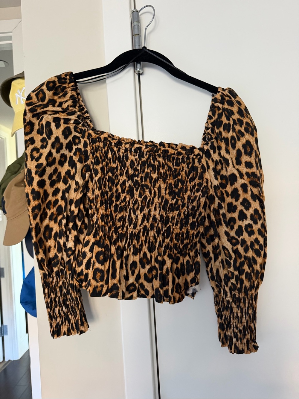 Zara Leopard Print Smocked Puff-Sleeve Top - Brown